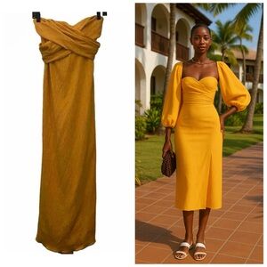 JOHANNA ORTIZ Luna Miel Dress Midi Yellow Sz 6 Strapless Convertible Wrap NWT